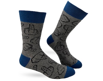 May include: A pair of gray socks with a blue cuff. The socks feature a repeated pattern of black outlined middle fingers.