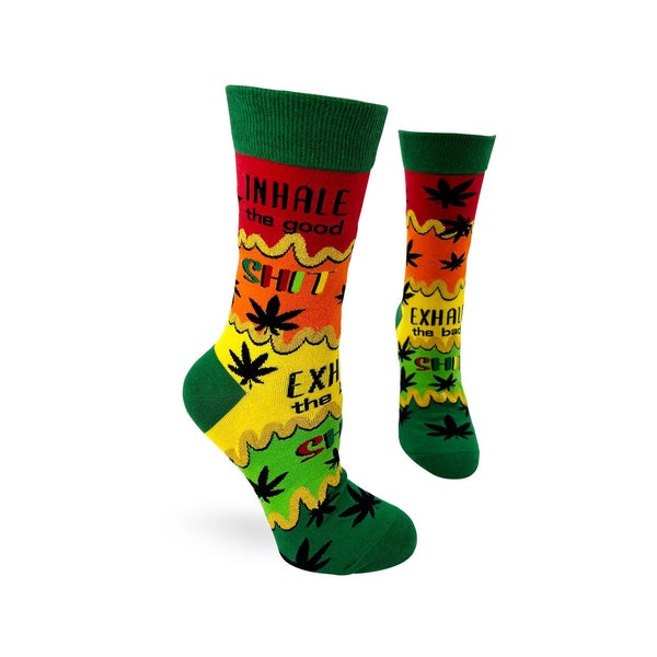 Sassy "Inhale The Good Shit, Exhale The Bad Shit" Women's Crew Socks | 4:20 gift Featuring a rasta colors and marijuana plants, Stoner Socks