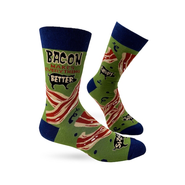 Bacon Makes Everything Better Men's Novelty Crew Socks | Bacon Socks | Funny Phrases Socks | Funny Gift for Him |