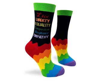 Love Liberty Equality Compassion Acceptance Empathy Women's Crew Socks | Gay Pride Socks |  Pride Rainbow Socks | LGBT The Perfect Gift