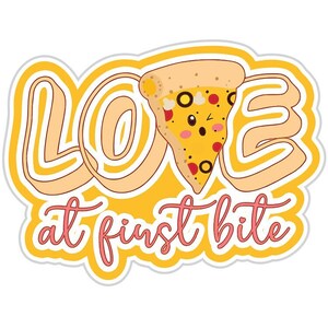 Love At First Bite Pizza Sticker, Waterproof Sticker for Laptop, Phone, Luggage, Computer, Flask, Mug, Car Bumper, MacBook Decals