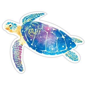 May include: A blue and yellow sea turtle with a galaxy pattern on its shell. The turtle is swimming in a white background.