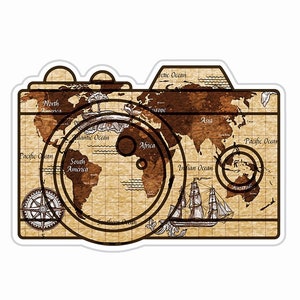 World Map Camera Travel Sticker, Waterproof Sticker para ordenador portátil, teléfono, equipaje, ordenador, matraz, taza, parachoques de coche, calcomanías MacBook