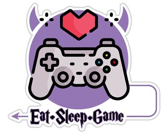 Eat Sleep Game Gamer Sticker, Waterproof Sticker for Laptop, Phone, Luggage, Computer, Flask, Mug, Car Bumper, Funny Gamer Decals