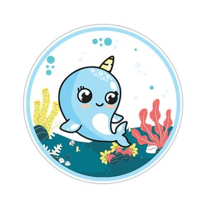 Naklejka Cute Baby Narwhal, wodoodporna naklejka na laptopa, telefon, bagaż, komputer, butelkę, kubek, naklejki na zderzak samochodu