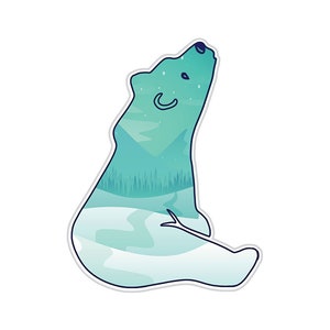 May include: A sticker featuring a stylized polar bear in a seated position, looking upwards. The bear's body is filled with a landscape of mountains, trees, and a snowy path, all in shades of blue and green. The bear has a white outline.