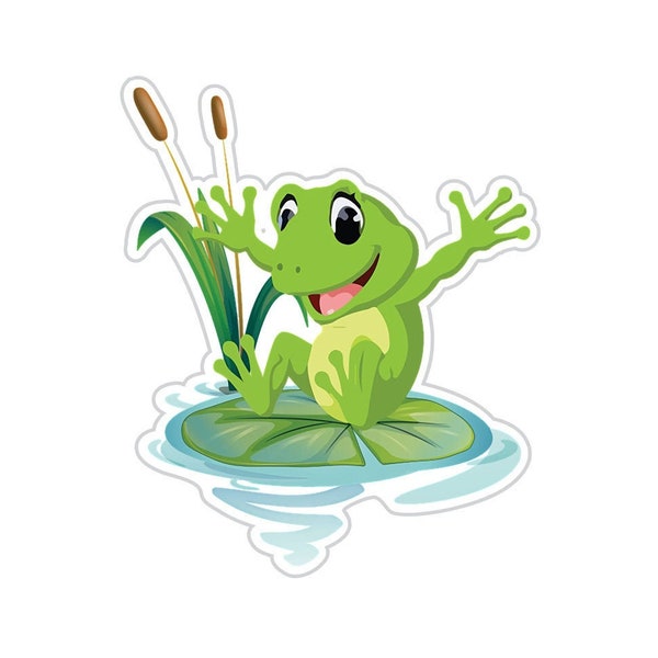 Happy Jumping Frog In A Pond Sticker, Waterproof Sticker for Laptop, Phone, Luggage, Computer, Flask, Mug, Car Bumper, Green Frog Decal