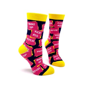 Wake Up Kick Ass Repeat Women&#39;s Crew Socks | Sassy socks | Gift for her | Cute Socks | Letterbox gift