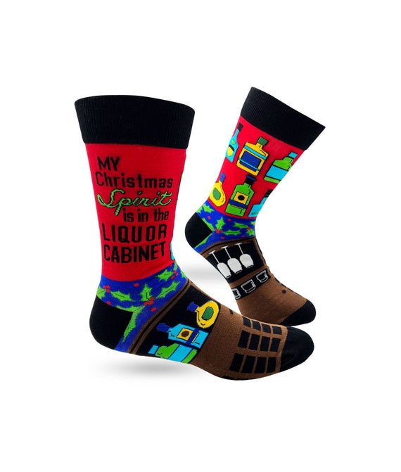 My Christmas Spirit is in the Liquor Cabinet Men's Novelty Crew Socks | Funny Men's Christmas Socks My Christmas Spirit is in the Liquor Cabinet Men's Novelty Crew Socks | Funny Men's Christmas Socks