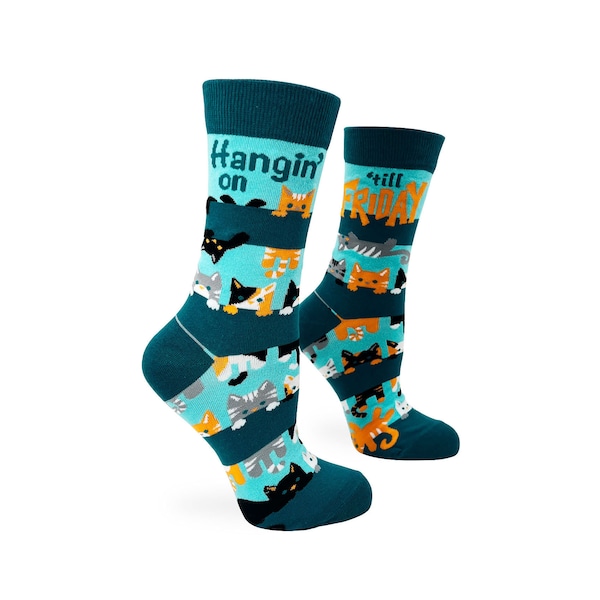 Hangin' on 'till Friday Ladies' Crew Socks Featuring Cute Cats | Perfect Gift for Cat Lover | Funny Cats Socks | Pet Humor gift