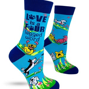 Love is Four Legged Word Women&#39;s Crew Socks | Perfect Gift for Dog Lover | Cute Dog Socks | Letterbox Gift | Gift for Dog Mom | Dog Socks