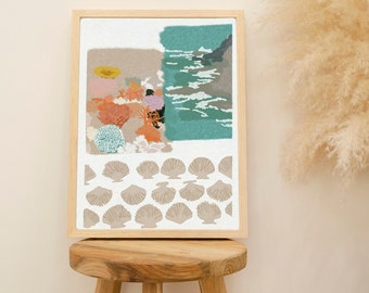 Abstract Ocean Collage Digital Download, Beach Wall Decor, Coastal Bedroom Decor, Tropical Art, Seashell Decor