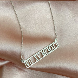 Roman Numeral Bar Necklace With Date Engraved - Cut Out Design - THICKER SILVER PENDANT - Special Date Anniversary Or Birthday Gift For Her