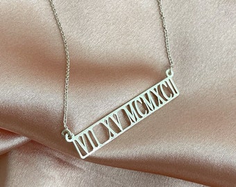 Roman Numeral Bar Necklace With Date Engraved - Cut Out Design - THICKER SILVER PENDANT - Special Date Anniversary Or Birthday Gift For Her