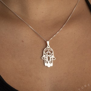 Sterling Silver Hamsa Hand Necklace - Cut Out Mandala Design - Hand of Fatima Pendant - Evil Eye Necklace for Women - THICKER SILVER 1.2mm