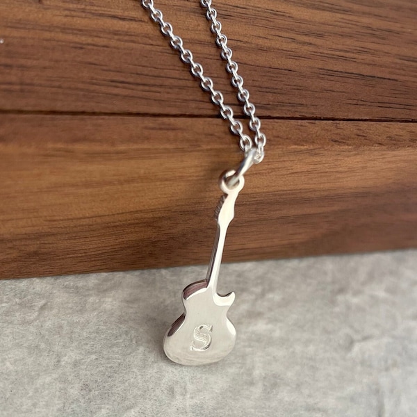 Guitar Necklace With Initial Engraved - Rock Music Pendant - Pendant Custom Made To Order For Him Or Her - Sterling Silver THICKER PENDANT