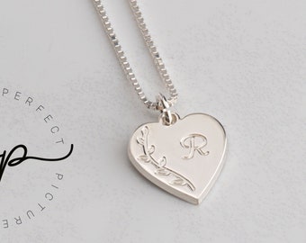 Heart Initial Necklace With Leaf Design - Engraved Letter Pendant - Floral Design - DOUBLE THICKNESS Charm 1.2mm - Sterling Silver BOX Chain
