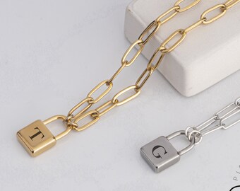 ペーパークリップチェーン付き南京錠イニシャルネックレス - ステンレススチール - レーザー刻印入りスモールロックペンダントネックレス - 彼女へのクリスマスギフト