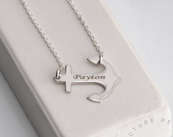 Anchor Name Necklace Sideways Hanging - Engraved Nautical Gift