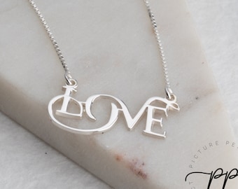 Love Necklace In Cursive Writing - Silver Love Pendant On BOX Chain - DOUBLE Thick Pendant - Modern Women's Jewelry - Love Gift For Birthday