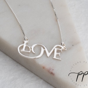 Love Necklace In Cursive Writing - Silver Love Pendant On BOX Chain - DOUBLE Thick Pendant - Modern Women&#39;s Jewelry - Love Gift For Birthday