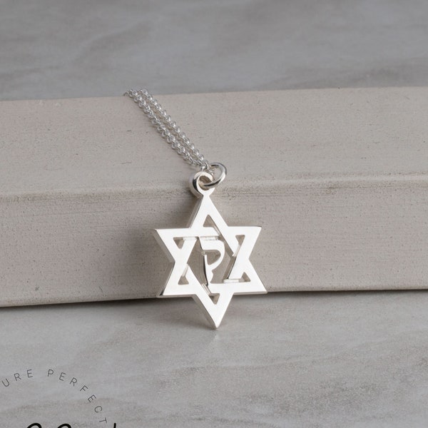 Davidstern Halskette mit hebräische Initiale - 925 Sterling Silber Jüdischer Schmuck - Hebräischer Buchstabe & Magen David Anhänger - Womens Jedaica Geschenke