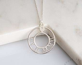 Roman Numeral Date Necklace With Heart In Double Circle - Cut Out Numbers - Any Date Engraved - Number Necklace In Thick Sterling Silver 925