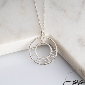 Roman Numeral Date Necklace With Heart In Double Circle - Cut Out Numbers - Any Date Engraved - Number Necklace In Thick Sterling Silver 925