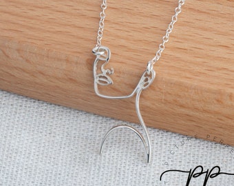 Sterling Silver Women Face Necklace in One Line Drawing - Silhouette Necklace - Single Line Tatoo Pendant - Xmas gift for Her