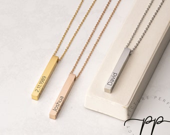 3D Bar Necklace with 4 Sides Custom Engraving - Silver/Gold/Rose Gold Personalized Bar Necklace - Mom Gift with Kids Names for Christmas