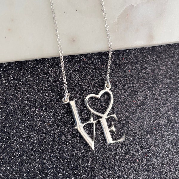 Sterling Silver Love Necklace for Women - Love Pendant - Iconic Symbol Handmade Jewelry - 1960s Pop Art Necklace - Robert Indiana Sculpture