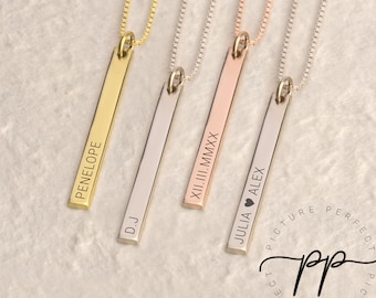 Skinny Vertical Bar Necklace With Engraved Inscription