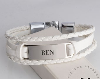 White Leather Name Bracelet For Men With Custom Engraving