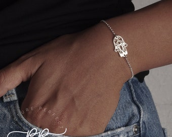 Hamsa Bracelet - Decorative Chamsa Hand Of Fatima Pendant - Ornamental Cut Out Design - Sterling Silver Bracelet For Her - Thicker Pendant