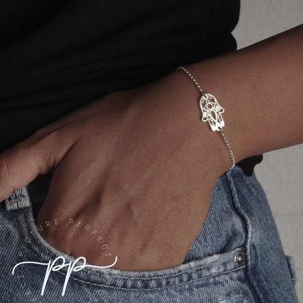 Hamsa Bracelet - Decorative Chamsa Hand Of Fatima Pendant - Ornamental Cut Out Design - Sterling Silver Bracelet For Her - Thicker Pendant