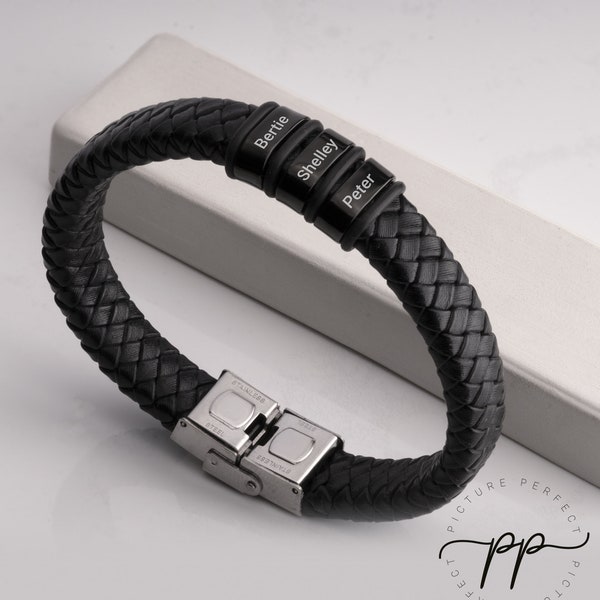 Black Braided Leather Bracelet - Mens Custom Cuff Bracelet - Laser Engraved Kids Name on Silver or Black Metal Charms - Daddy Christmas Gift