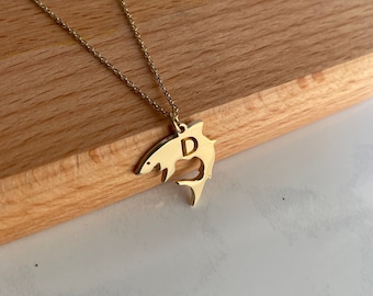 Shark Necklace With Initial In Sterling Silver 925 - Baby Shark Necklace - Personalized Kids Gift - Cut Out Initial - Custom Made Gift Ideas