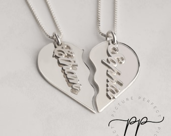 Sterling Silver Split Heart Necklace Set for 2-Best Friend Necklaces with Vertical Names Pendant On It-Handmade Matching Half Heart Necklace