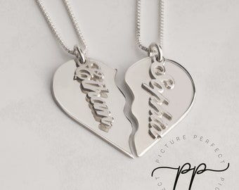 Sterling Silver Split Heart Necklace Set for 2-Best Friend Necklaces with Vertical Names Pendant On It-Handmade Matching Half Heart Necklace