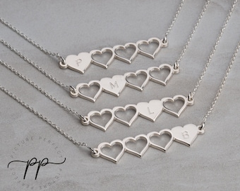 Four Heart Initial Necklaces Set For Sisters - 4 Silver Necklaces - Quadruple Necklace Set - Best Friend Jewelry - Sister Letter Necklaces