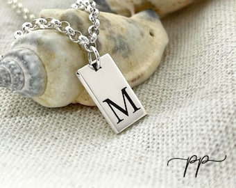 Men's Initial Tag Necklace 925 Sterling Silver - Wider Rolo Chain 1.2mm THICK Bar Pendant - Black Laser Engraving Letter - Best Gift for Him