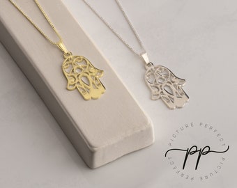 Hamsa Necklace Sterling Silver 925 - Evil Eye Jewelry - Cut Out Mandala Design - Hand of Fatima Pendant - Protection Gift for Women