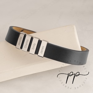 Pulseira de couro gravada masculina com discos personalizados para nomes de crianças