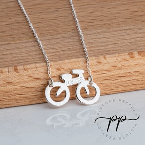 Bicycle Name Necklace - Engraved Bike Pendant For Cyclist - Small Bicycle With Name Custom Made - Sterling Silver Personalized Nameplate