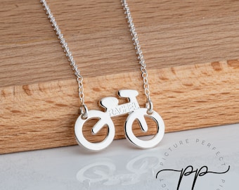 Bicycle Name Necklace - Engraved Bike Pendant For Cyclist - Small Bicycle With Name Custom Made - Sterling Silver Personalized Nameplate
