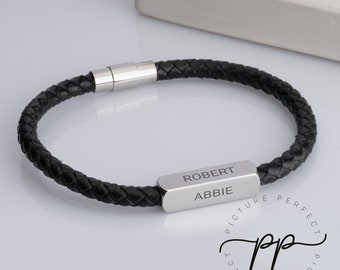 Men's Braided Leather Rope Bracelet With Custom Engraved Cube Pendant - Bracelet Lengths: 20cm / 22cm