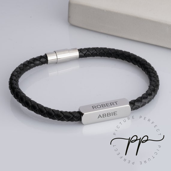 Men's Braided Leather Rope Bracelet With Custom Engraved Cube Pendant - Bracelet Lengths: 20cm / 22cm