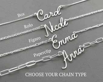 Customized Name Necklace - 925 Sterling Silver Nameplate; Box, Rolo, Figaro or Paperclip Chain Option - Jewelry Gift for Girlfriend