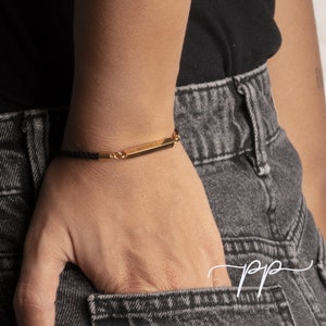 Black Twisted Rope Bracelet With Gold Cube For Engraved Names