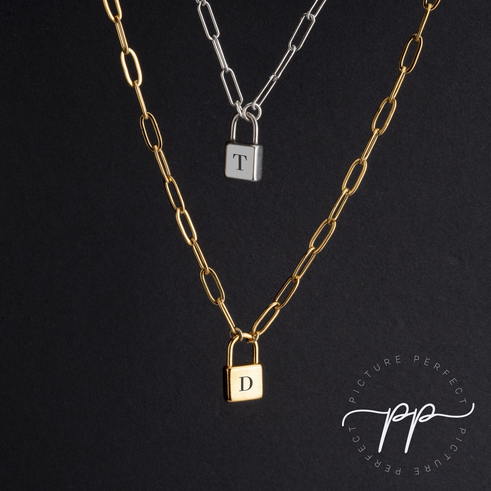 Small Padlock Initial Necklace With Wide Paperclip Chain Any Etsy